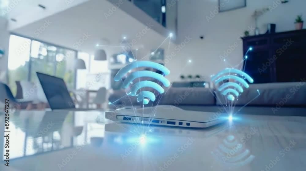 Wireless Network Symbol Above a Laptop in Modern Living Room. A wireless network symbol is depicted in a modern living room, representing a concept of connectivity and technology. Generated with AI Wireless Network Symbol Above a Laptop in Modern Living Room. A wireless network symbol is depicted in a modern living room, representing a concept of connectivity and technology. Generated with AI