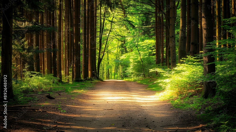 Obraz premium Sunlit Path Through A Dense Forest On A Summer Day