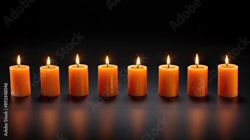 A group of white candles burn brightly, casting warm light and reflecting on a dark surface. White roses surround the candles, creating a romantic and serene atmosphere