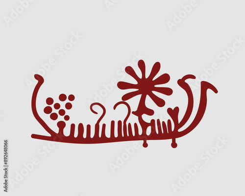 Petroglyph from Sweden, Vector illustration, Deer with antlers a star or a sun alike, standing on a ship, Two hooks sticking up are people blowing the curved pipes of Bronze Age, Rock art in Bohuslän