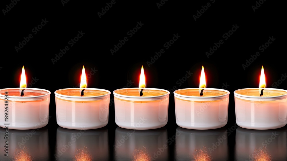 A group of white candles burn brightly, casting warm light and reflecting on a dark surface. White roses surround the candles, creating a romantic and serene atmosphere A group of white candles burn brightly, casting warm light and reflecting on a dark surface. White roses surround the candles, creating a romantic and serene atmosphere