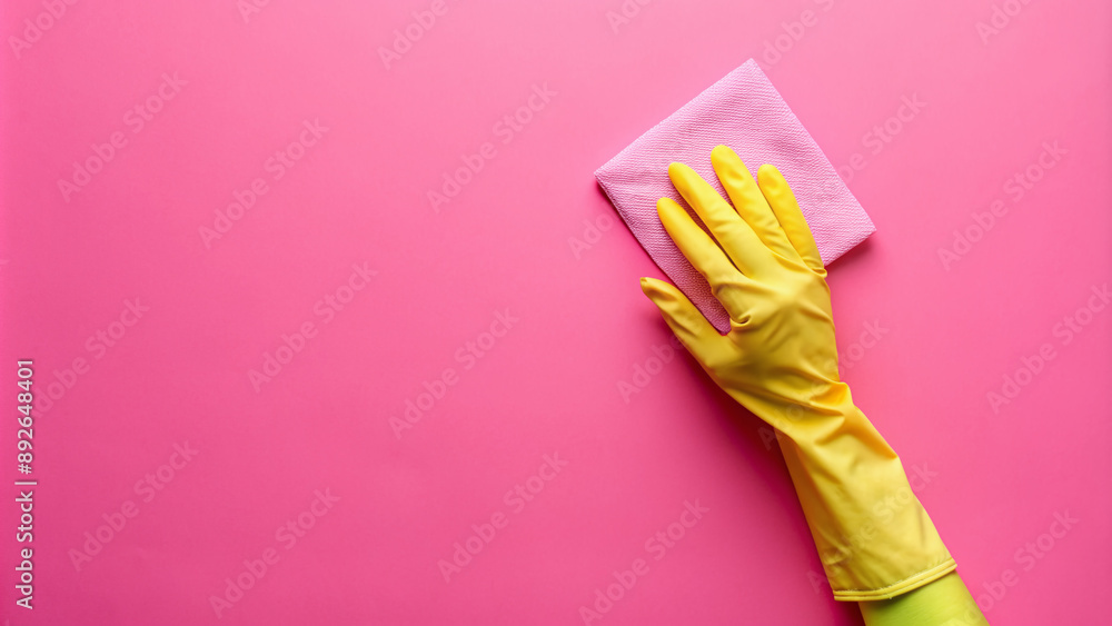 Vibrant pink background showcases a yellow gloved hand delicately holding a soft pastel pink rag, offering ample copy space for creative text or branding overlays. Vibrant pink background showcases a yellow gloved hand delicately holding a soft pastel pink rag, offering ample copy space for creative text or branding overlays.