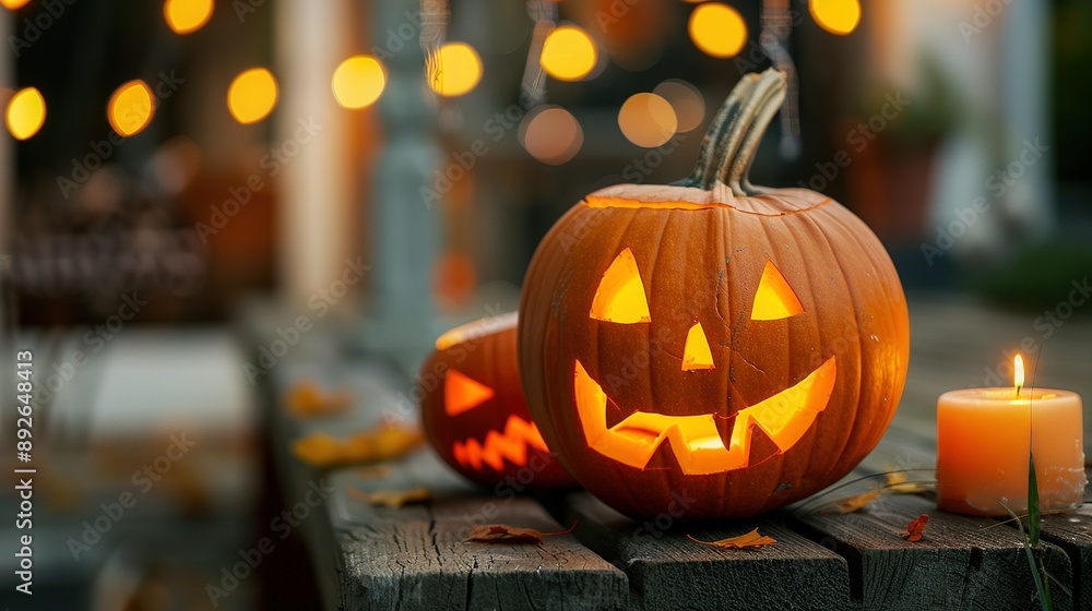 Lit Jack O'Lanterns On A Wooden Table With A Candle At Dusk Lit Jack O'Lanterns On A Wooden Table With A Candle At Dusk