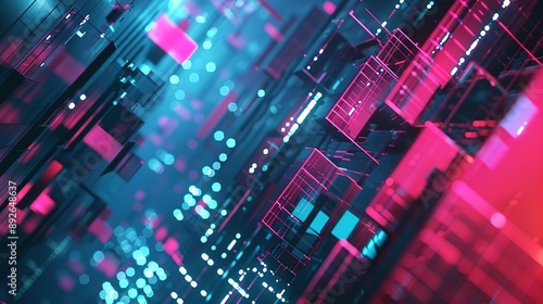 Abstract Digital Structure With Pink and Blue Lighting