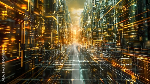 Futuristic Cityscape With Golden Lines and a Roadway