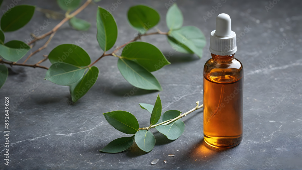 Transparent dropper bottle with serum lotion or essential oil on stone table with eucalyptus leaves. Skin care cosmetics concept. Transparent dropper bottle with serum lotion or essential oil on stone table with eucalyptus leaves. Skin care cosmetics concept.