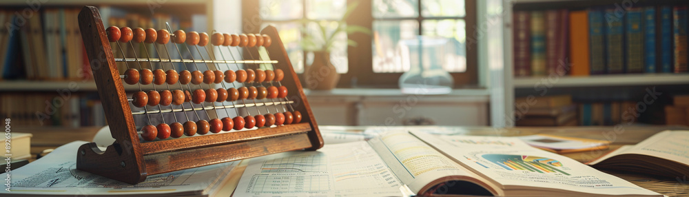 Abacus on a desk with educational materials. Represents learning, math, and vintage educational tools. Perfect for educational content, historical themes, and classroom Abacus on a desk with educational materials. Represents learning, math, and vintage educational tools. Perfect for educational content, historical themes, and classroom
