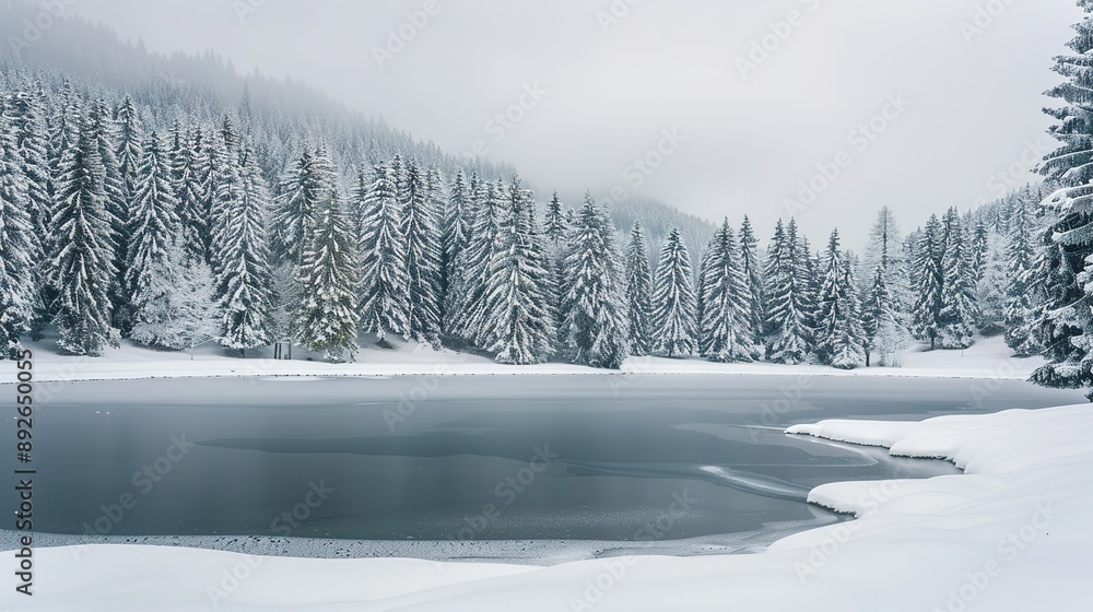 Frozen Lake Surrounded by Snow-Covered Pine Trees in a Foggy Winter Landscape Frozen Lake Surrounded by Snow-Covered Pine Trees in a Foggy Winter Landscape