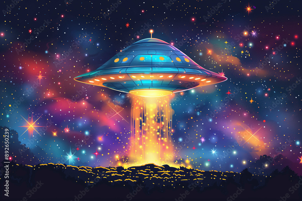 UFO Hovering Over Planet With Bright Stars and Cosmic Dust UFO Hovering Over Planet With Bright Stars and Cosmic Dust