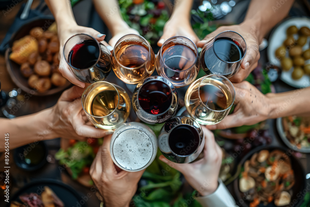 A group of people are holding up wine glasses in a celebratory manner ...
