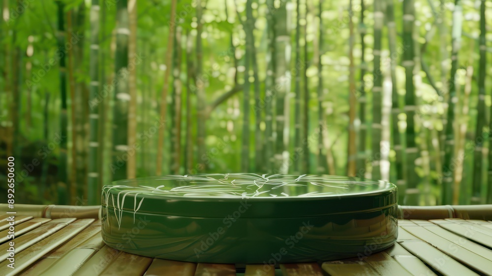 sleek, forest green cake with a minimalist design of white bamboo patterns, set against a backdrop of a peaceful bamboo forest