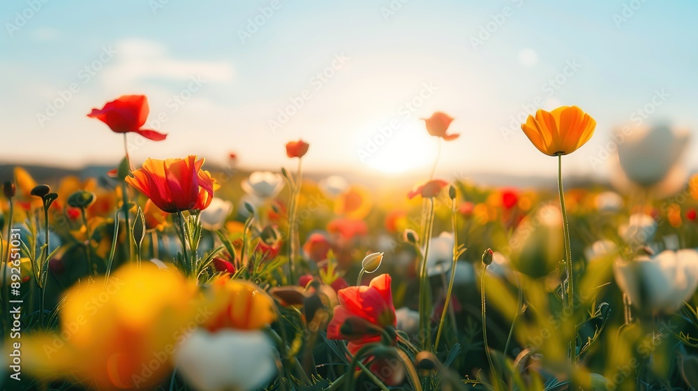 Obraz premium Colorful Wildflowers Blooming in a Meadow at Sunset