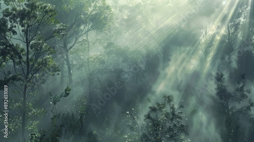 Misty morning in a dense forest, with rays of sunlight piercing through the fog