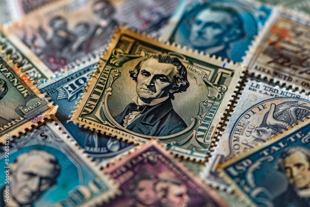 Fototapeta premium Vintage Postage Stamps Featuring Portraits of Historical Figures
