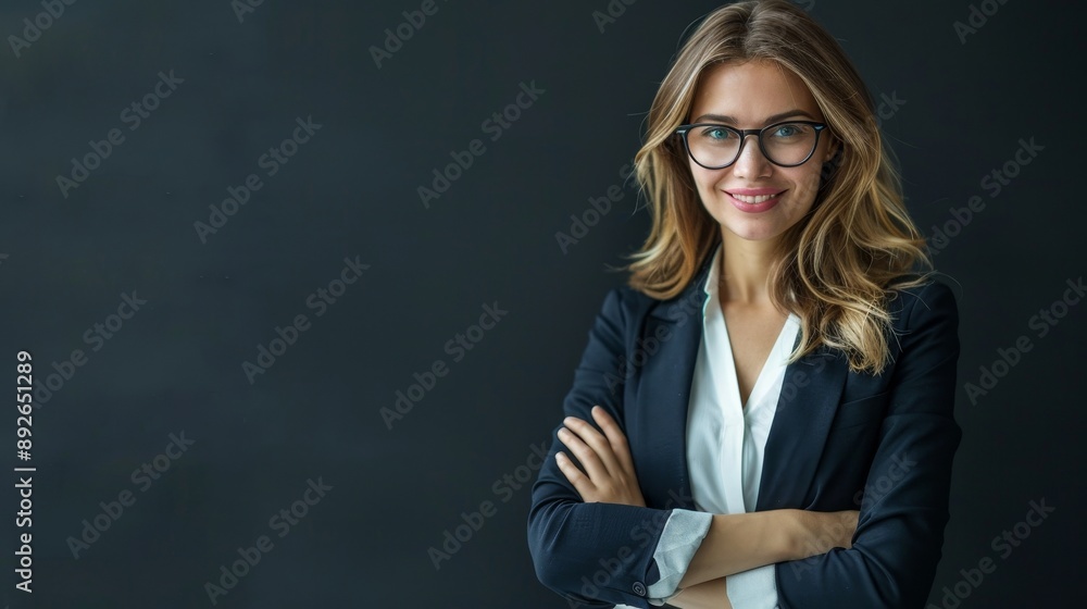 Smiling businesswoman in suit and glasses on blank space with black text on the side.
Smiling businesswoman in suit and glasses on blank space with black text on the side.