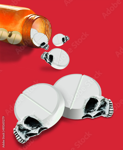 Fentanyl pills shaped like human skulls spill out of a pill bottle in this 3-d illustration about the fatal dangers of fentanyl poisoning.. photo