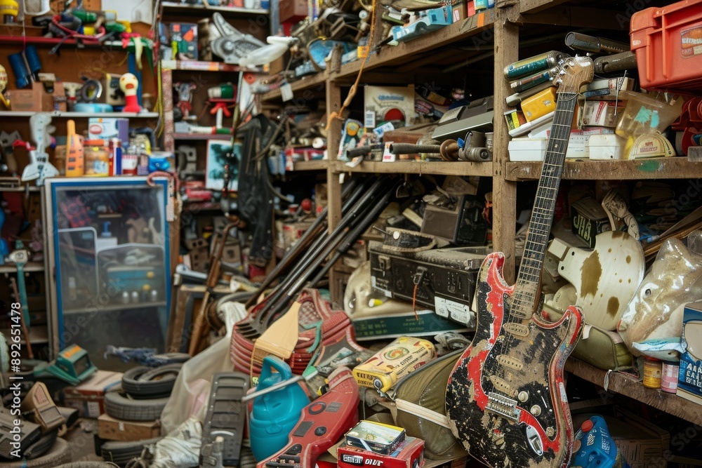 Overstuffed Antique Shop With Worn Electric Guitar And Miscellaneous Items Overstuffed Antique Shop With Worn Electric Guitar And Miscellaneous Items