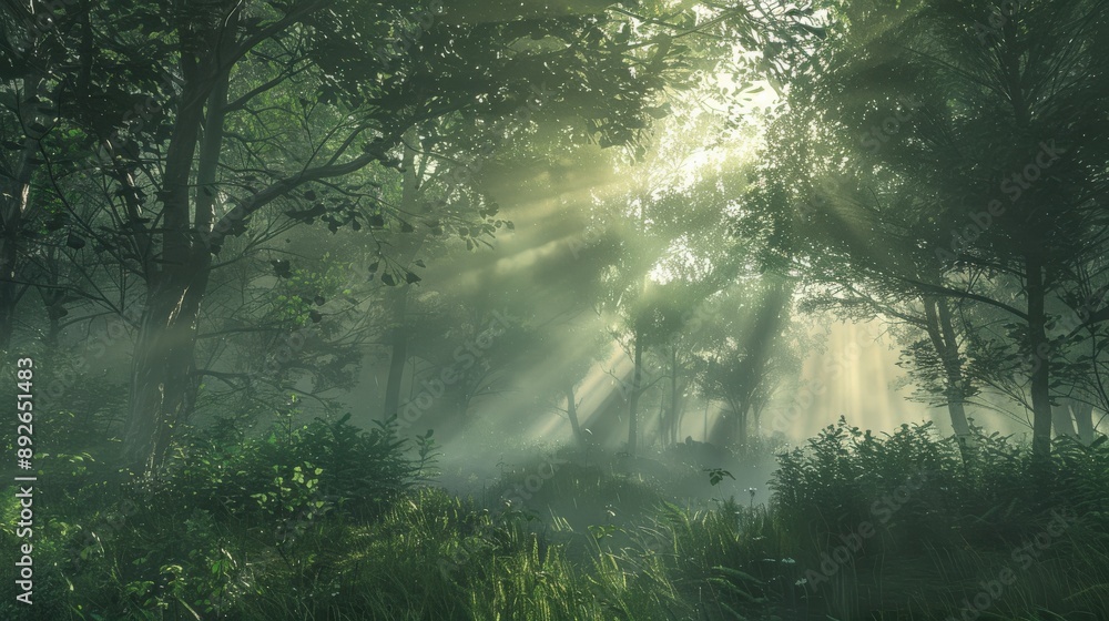 Misty morning in a dense forest, with rays of sunlight piercing through the fog Misty morning in a dense forest, with rays of sunlight piercing through the fog