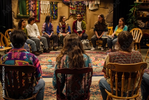 Group of Individuals Participating in a Support Circle Meeting in a Room Decorated With Tapestry and Wooden Chairs