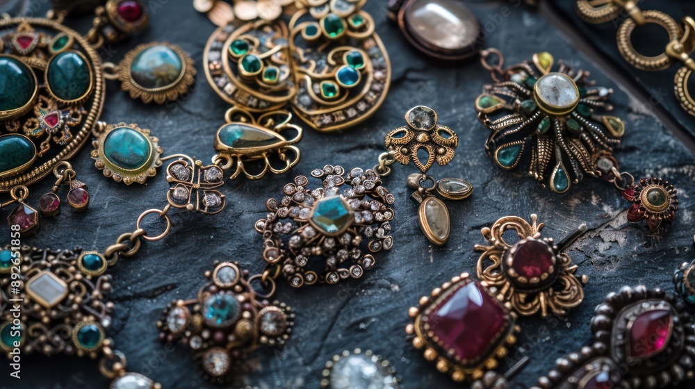 Obraz premium Antique jewelry collection including Victorian earrings and Georgian rings.