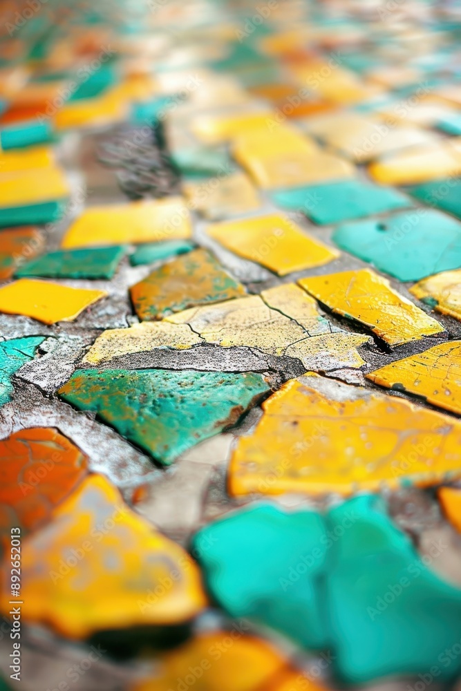 Fototapeta premium The image is a close up of a mosaic tile floor with a variety of colors and textures. The tiles are cracked and broken, giving the floor a worn and weathered appearance. Scene is one of nostalgia