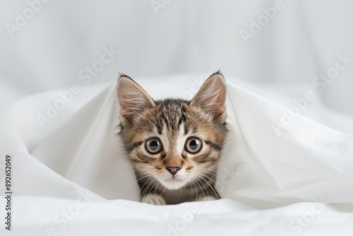 Kitten peeking out from under a white blanket, looking curious and cute. Isolated on white background.