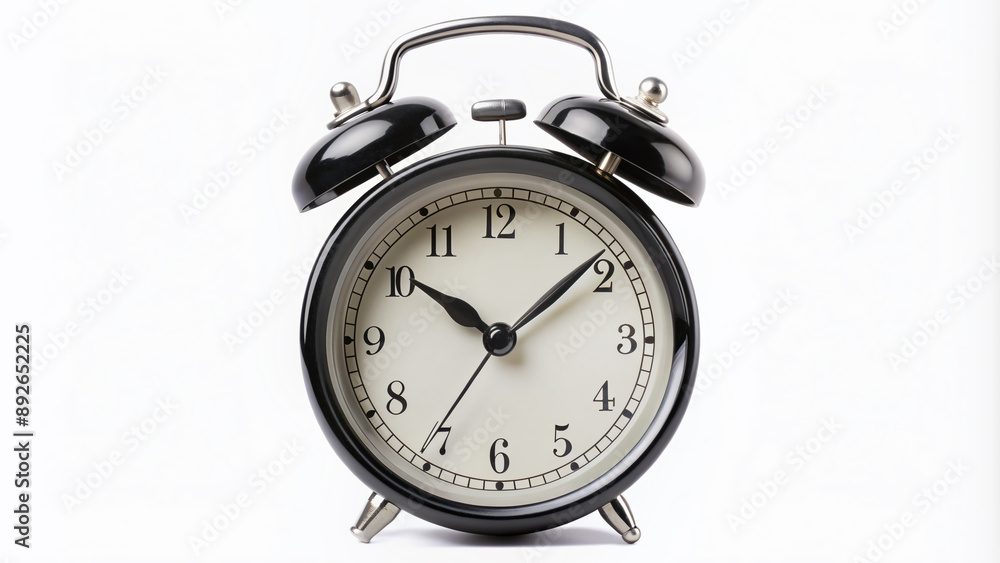 Classic round analog alarm clock with sleek black design features simple hour and minute hands against a clean white face, isolated on transparent background. Classic round analog alarm clock with sleek black design features simple hour and minute hands against a clean white face, isolated on transparent background.