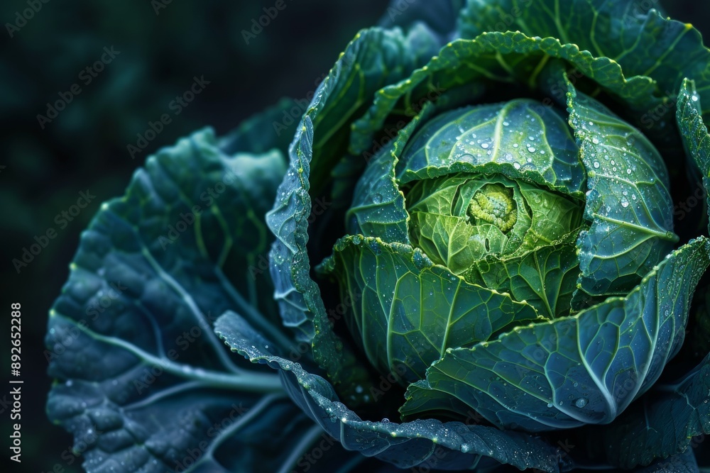 Fototapeta premium Close-up of fresh, vibrant green cabbage leaves with dewdrops, showcasing the natural beauty of this organic vegetable in its cool, crisp, and moist environment