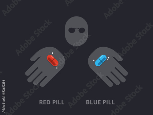 A shady person offer the red pill and blue pill. Isolated Vector Illustration