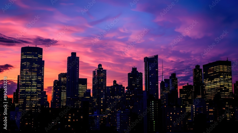 Fototapeta premium City skyline with high-rise buildings silhouetted against a twilight sky.