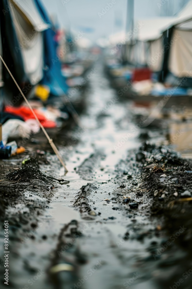 A muddy path with a few tents in the background. The tents are made of plastic and are in a muddy area A muddy path with a few tents in the background. The tents are made of plastic and are in a muddy area