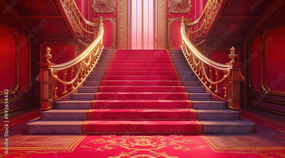A magnificent grand staircase adorned with a red carpet, gold railings, and ornate details in a luxurious palace interior. A magnificent grand staircase adorned with a red carpet, gold railings, and ornate details in a luxurious palace interior.