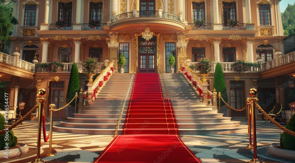 Fototapeta premium A red carpet leading up to the stairs of an opulent mansion, with golden ropes on each side.