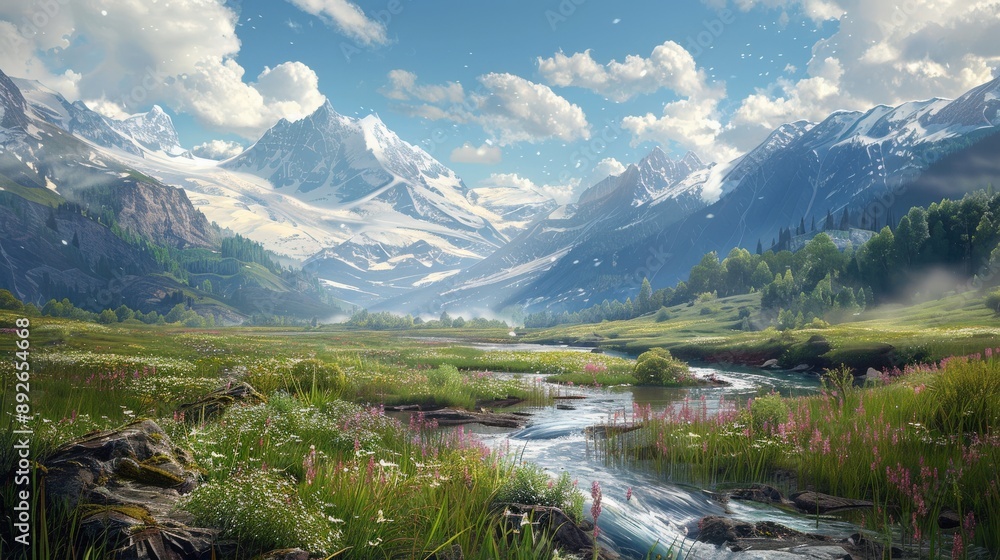 Idyllic valley with a flowing stream and distant snow-capped mountains, creating a picturesque view Idyllic valley with a flowing stream and distant snow-capped mountains, creating a picturesque view