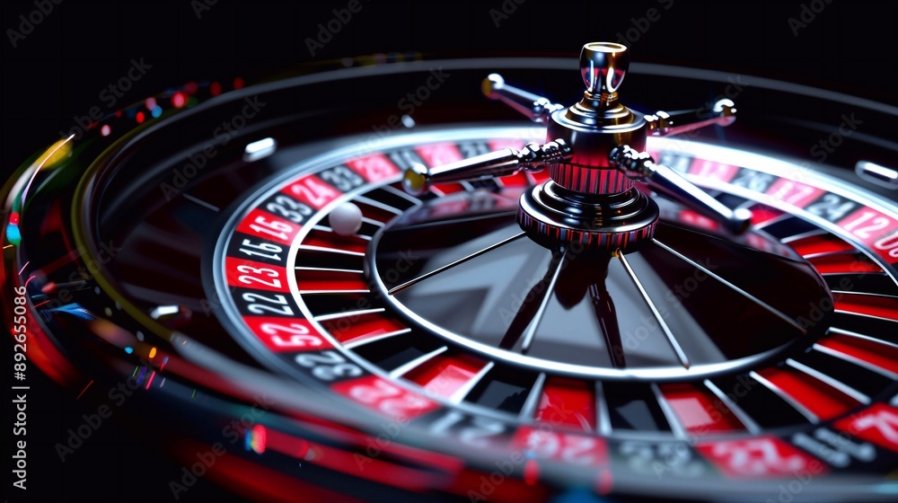 A spinning casino roulette wheel with the ball in motion on a black background A spinning casino roulette wheel with the ball in motion on a black background