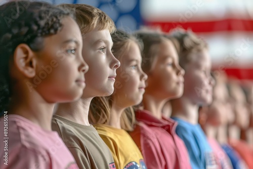 Diverse Group of Children Standing in Line in Front of American Flag