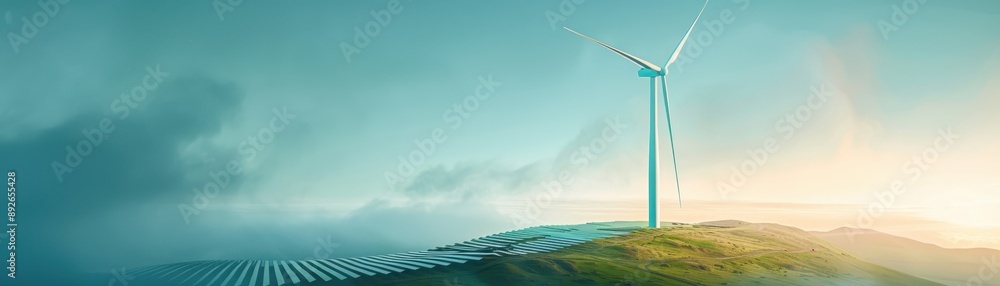 Fototapeta premium A wind farm with a large wind turbine in the center