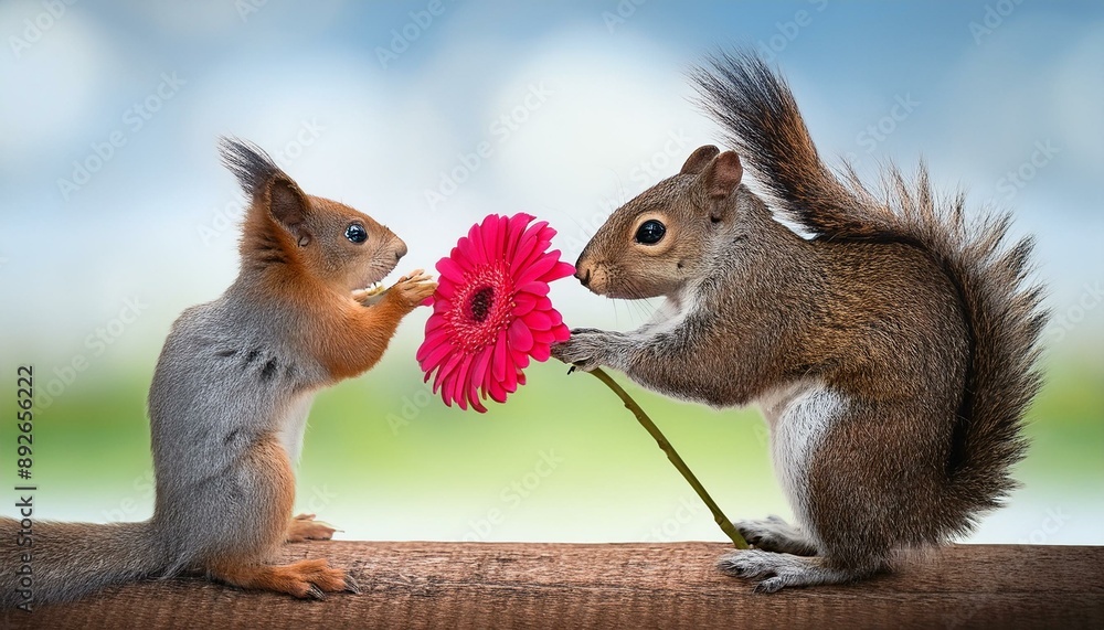 Cute squirrel offering a flower gift to its lover, fun wildlife, love and Valentine's day greeting card Cute squirrel offering a flower gift to its lover, fun wildlife, love and Valentine's day greeting card