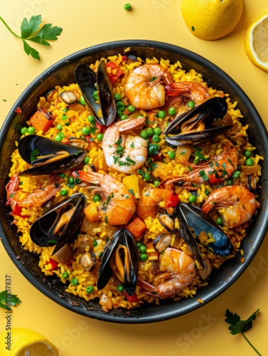 Paella seafood dish with shrimp, mussels, and vegetables photo