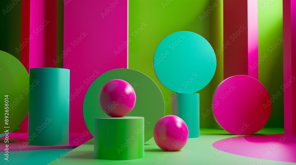 A colorful room with green and pink walls and a pink ball on a green pedestal A colorful room with green and pink walls and a pink ball on a green pedestal