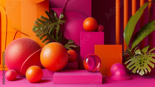 A colorful scene of oranges and green leaves with a pink background