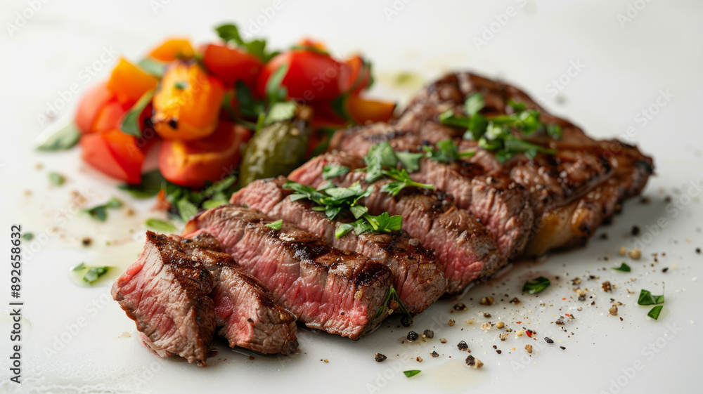 Grilled steak with vegetables on a white background Grilled steak with vegetables on a white background