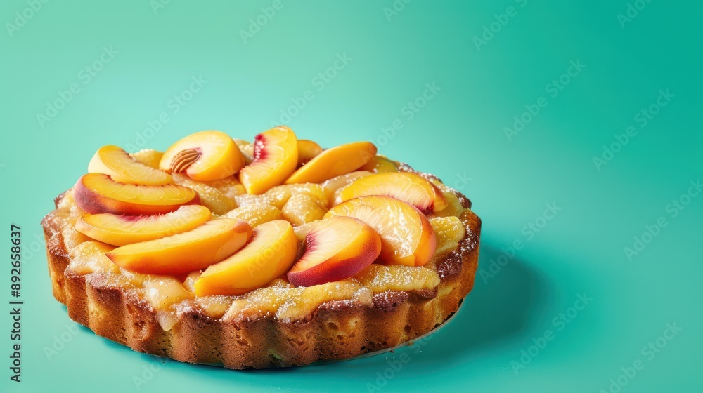 summer peach cake with fresh peach slices, presented against a bright teal background summer peach cake with fresh peach slices, presented against a bright teal background