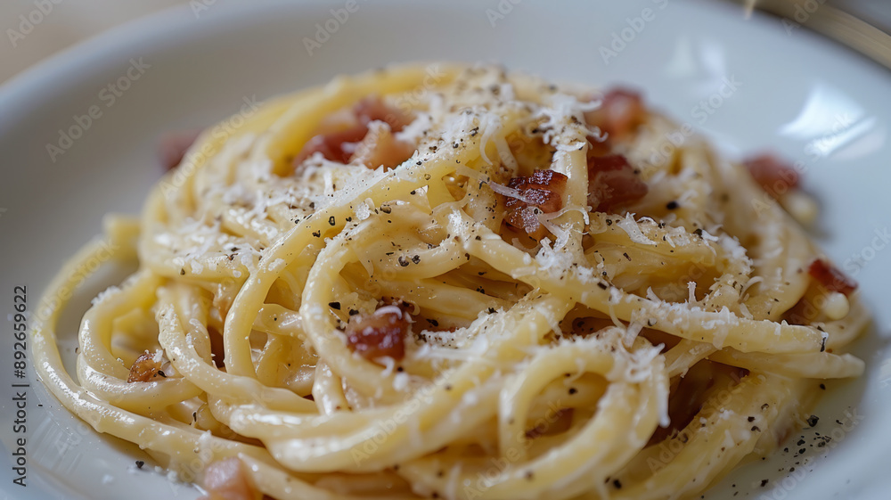 Close-up of spaghetti carbonara with bacon and cheese. Close-up of spaghetti carbonara with bacon and cheese.