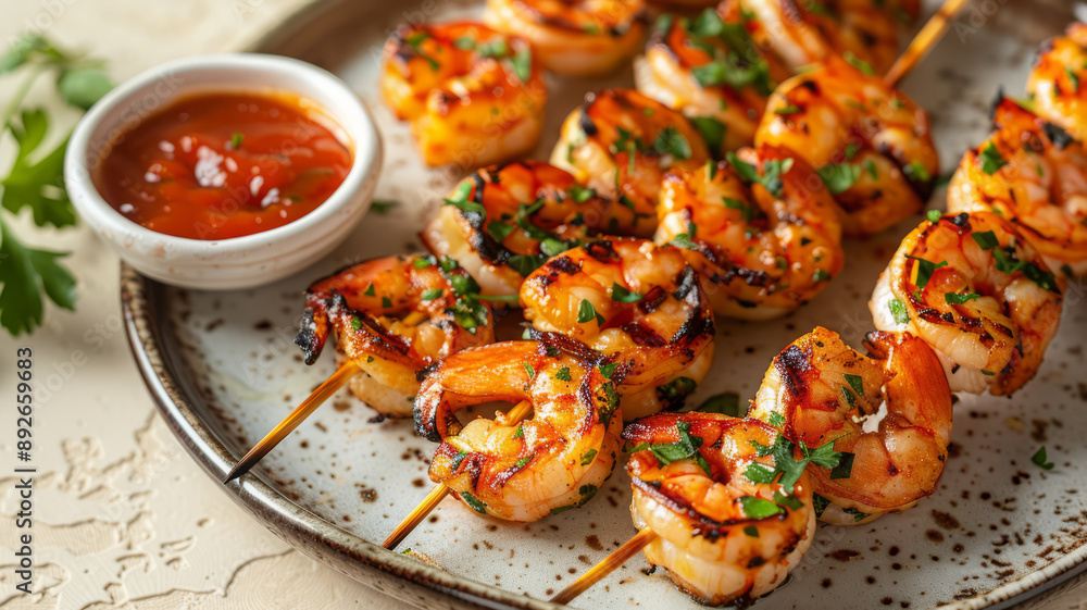Grilled shrimp skewers with dipping sauce on a plate. Grilled shrimp skewers with dipping sauce on a plate.