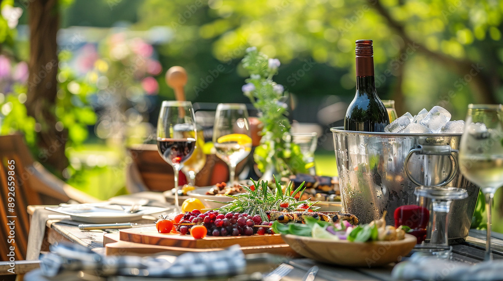 garden party with a richly laid table and wine in a wine cooler garden party with a richly laid table and wine in a wine cooler