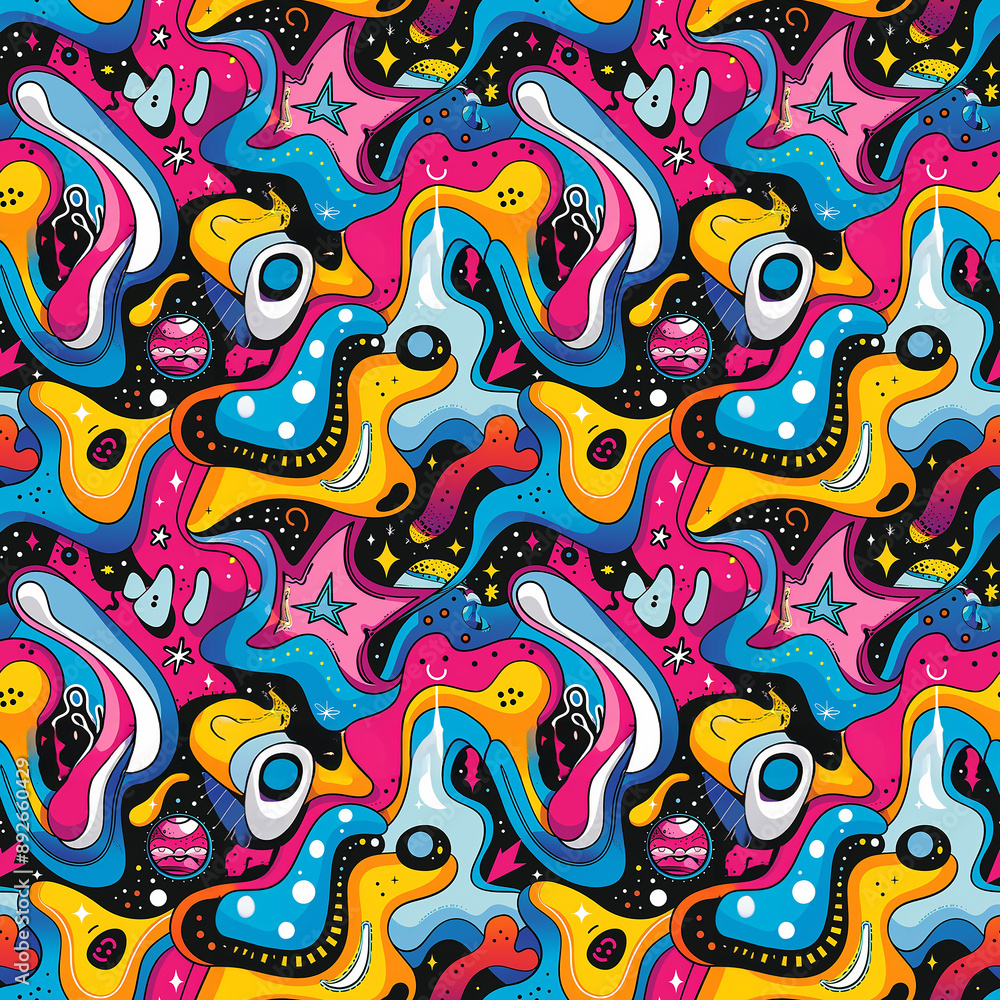 Colorful abstract shapes pattern with stars and planets Colorful abstract shapes pattern with stars and planets