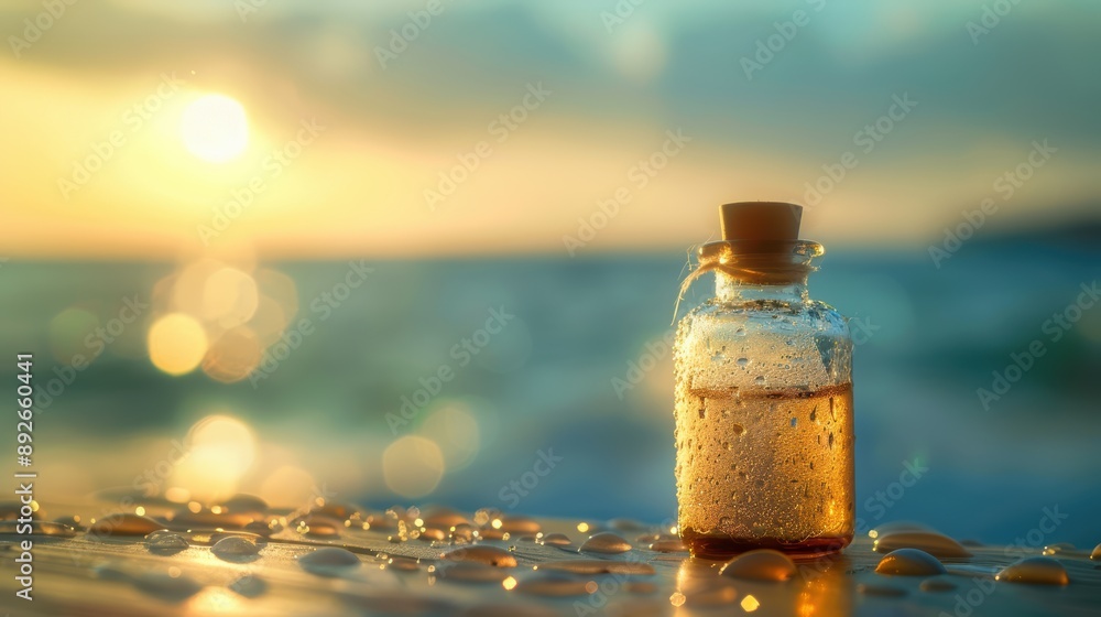 The warm glow of sunset, with a bottle filled with clear liquid in the foreground The warm glow of sunset, with a bottle filled with clear liquid in the foreground