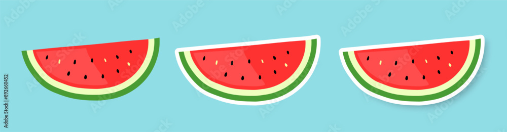 A set of watermelon slices on a blue background. Flat vector illustrations in cartoon style. Vector illustration of EPS 10. A set of watermelon slices on a blue background. Flat vector illustrations in cartoon style. Vector illustration of EPS 10.