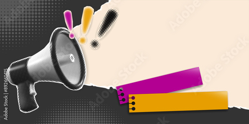 Collage in retro style, advertising banner with halftone effect. Loudspeaker, cut from a newspaper or magazine, announcing crazy promotions or news. Place for text on background. Vector illustration